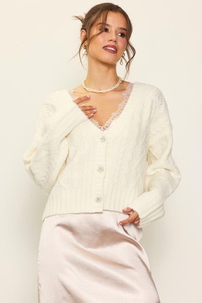 Jewel Button Down Cardigan available in Cream and Spearmint