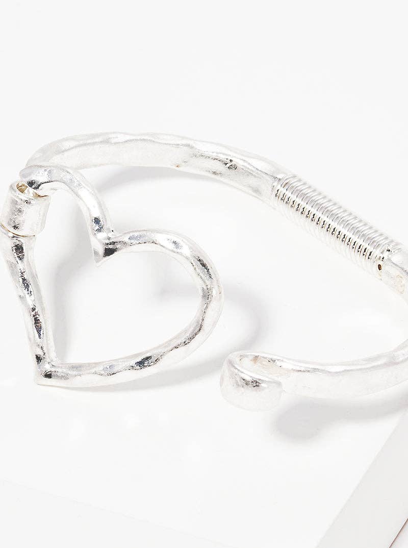 Hammered Metal Heart Hook Clasp Hinged Bracelet