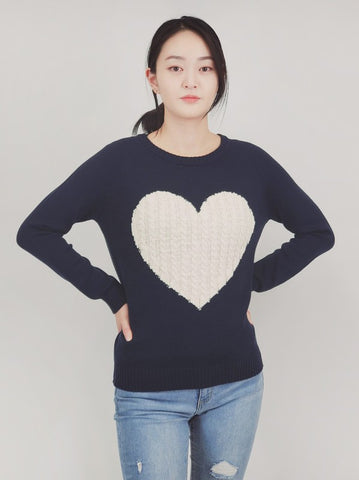 Navy and Ivory Heart Jacquard Round Neck Pullover Sweater
