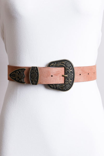 Suede Antique Gold Western Buckle Belt available in Camel and Black