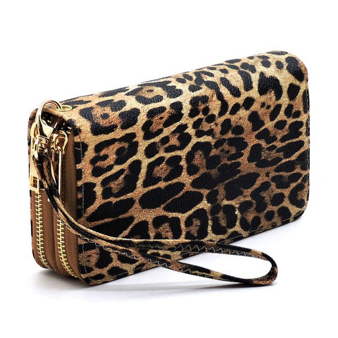 Leopard Double Zip Around Wallet Wristlet available in 3 colors