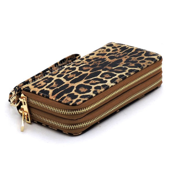 Leopard Double Zip Around Wallet Wristlet available in 3 colors