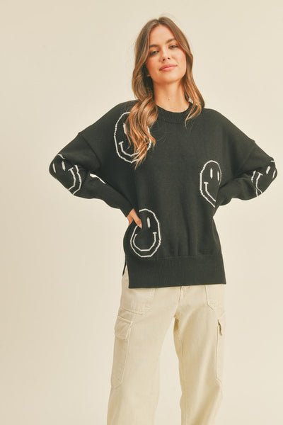 SMILE PATTERNED SWEATER TOP IN BLACK