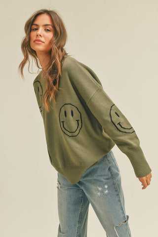 SMILE PATTERNED SWEATER TOP IN OLIVE