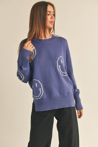 SMILE PATTERNED SWEATER TOP IN PERIWINKLE/WHITE