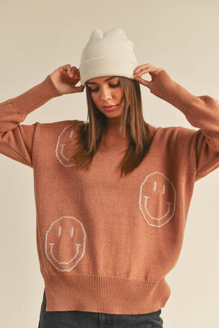 SMILE PATTERNED SWEATER TOP IN CLAY
