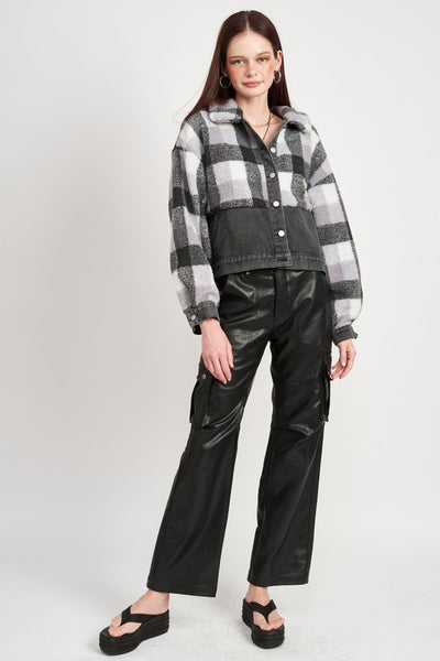 Fleece Jacket with Denim Plaid Detail