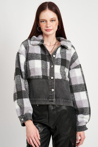 Fleece Jacket with Denim Plaid Detail