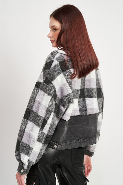 Fleece Jacket with Denim Plaid Detail