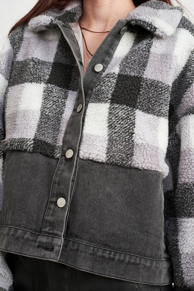 Fleece Jacket with Denim Plaid Detail