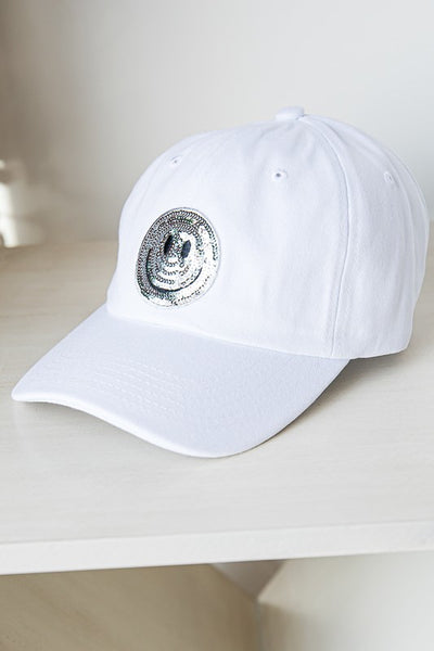 Baseball Cap with Sequin Smiley Face Patch