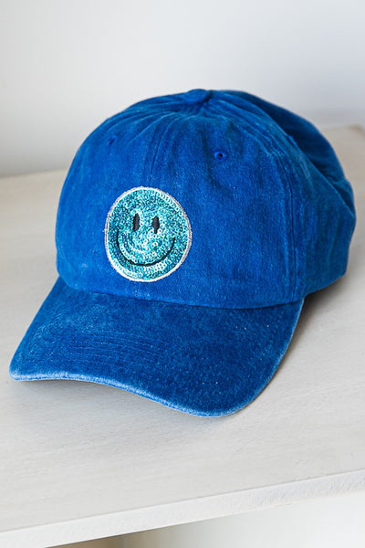 Baseball Cap with Sequin Smiley Face Patch