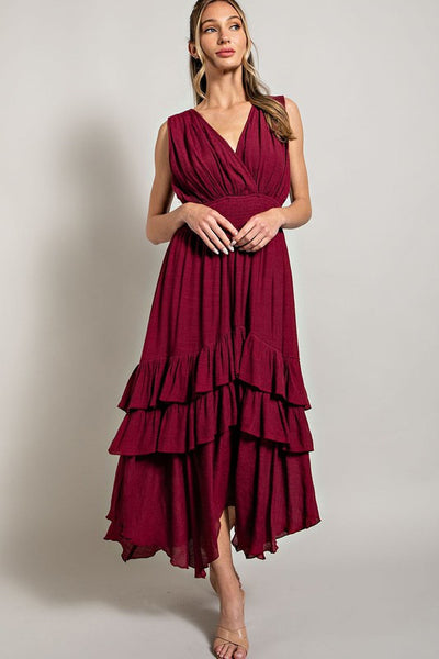 V NECK RUFFLE MAXI DRESS