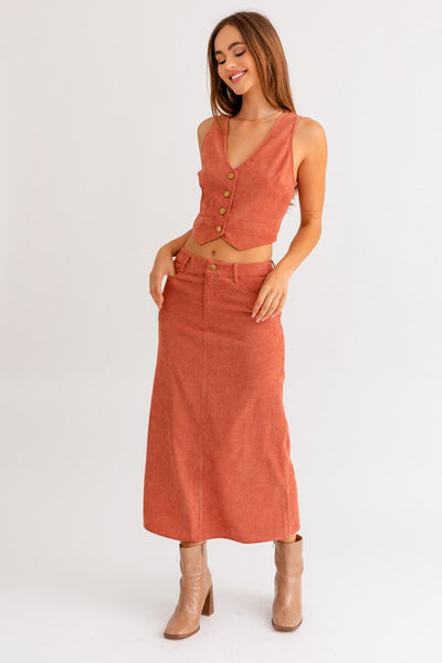 Rusty Corduroy Midi Skirt