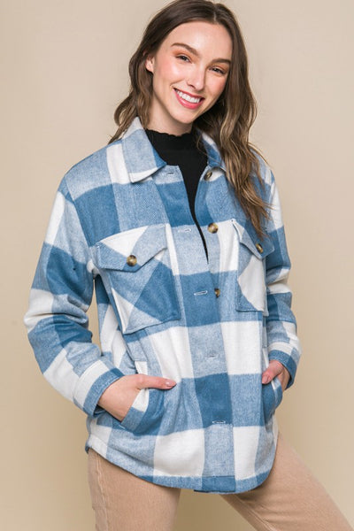 Plaid Button Down Jacket with Front Pocket Detail