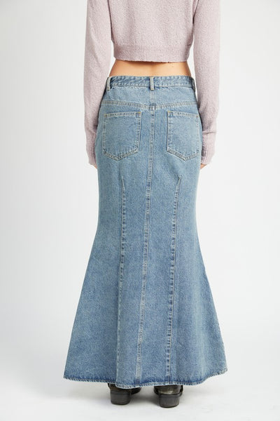 Fluted Denim Maxi Skirt