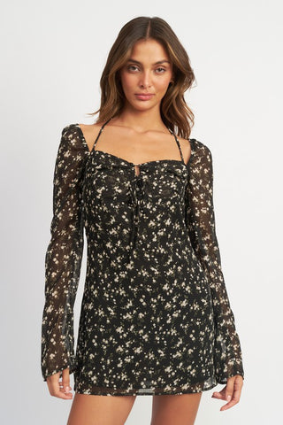 Floral Long Sleeve Dress with Halter