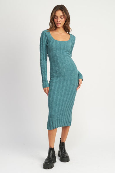 Square Neck Ribbed Midi Dress