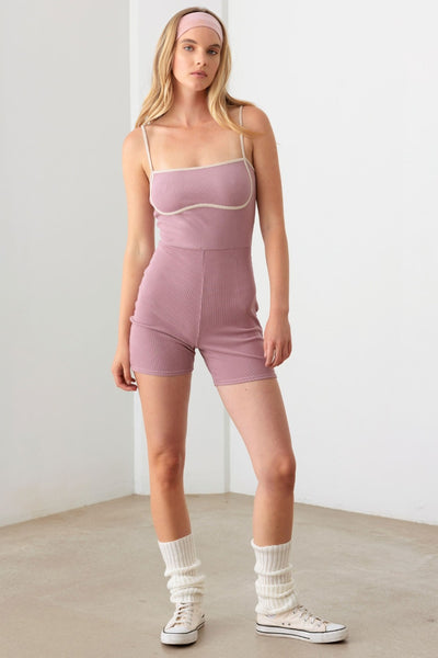 Contrast Trim Ribbed Romper