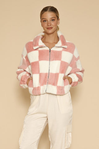 Fuzzy checkered zip front jacket