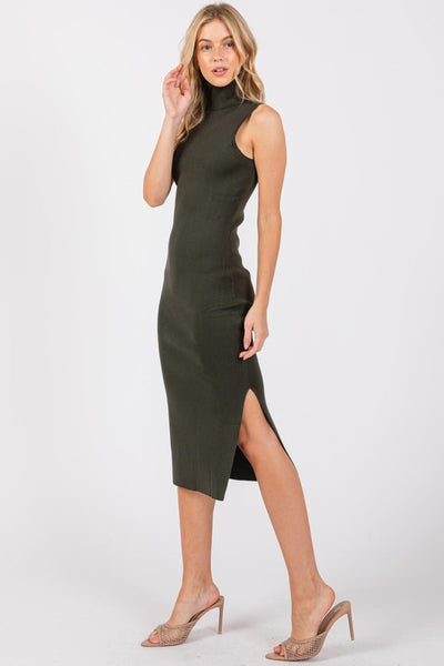 Turtle Neck Sleeveless Side Slit Midi Sweater Dress available in Brown Olive and Black