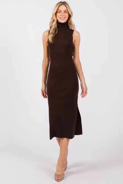 Turtle Neck Sleeveless Side Slit Midi Sweater Dress available in Brown Olive and Black