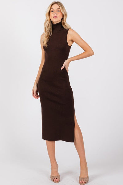 Turtle Neck Sleeveless Side Slit Midi Sweater Dress available in Brown Olive and Black