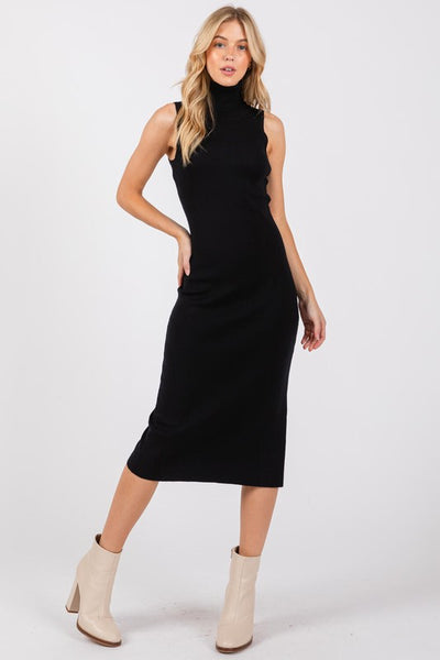 Turtle Neck Sleeveless Side Slit Midi Sweater Dress available in Brown Olive and Black