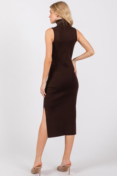 Turtle Neck Sleeveless Side Slit Midi Sweater Dress available in Brown Olive and Black