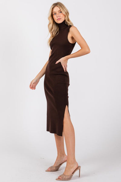 Turtle Neck Sleeveless Side Slit Midi Sweater Dress available in Brown Olive and Black