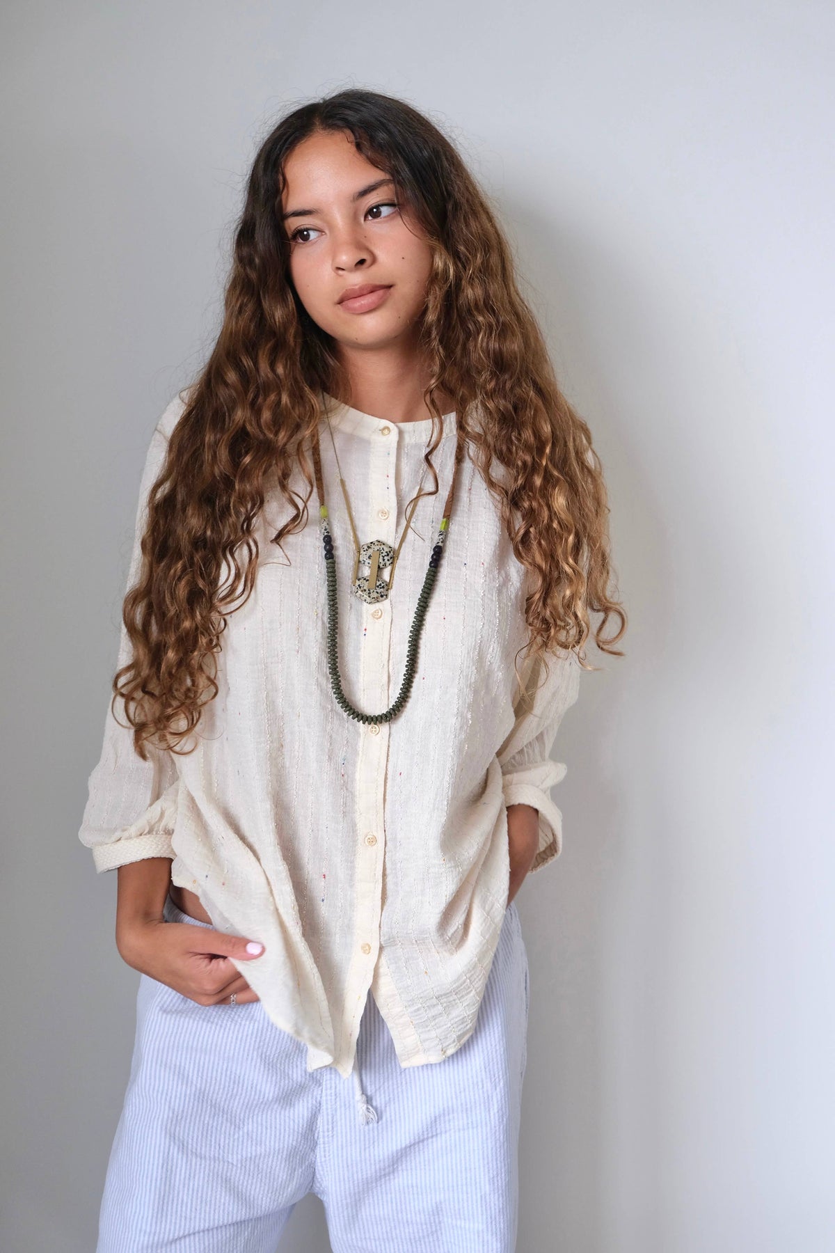 LEX132 Moss lava bead long necklace