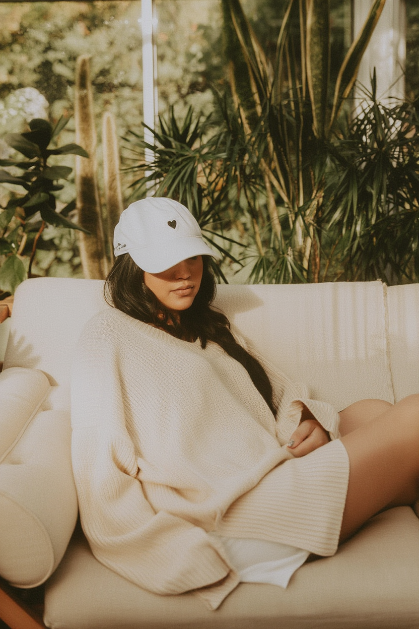 White Cotton Dad Hat - Embroidered Heart Cap