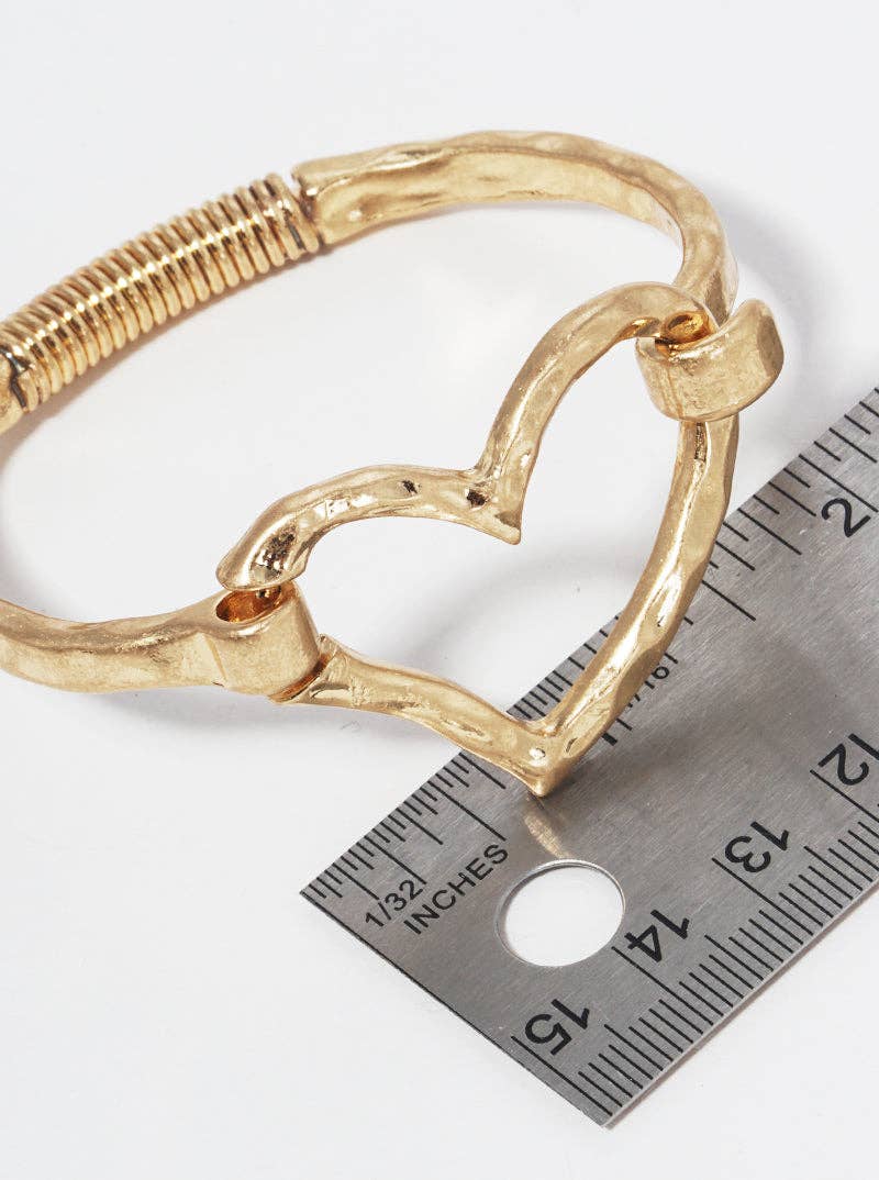Hammered Metal Heart Accent Spring Hook Closure Bangle Bracelet