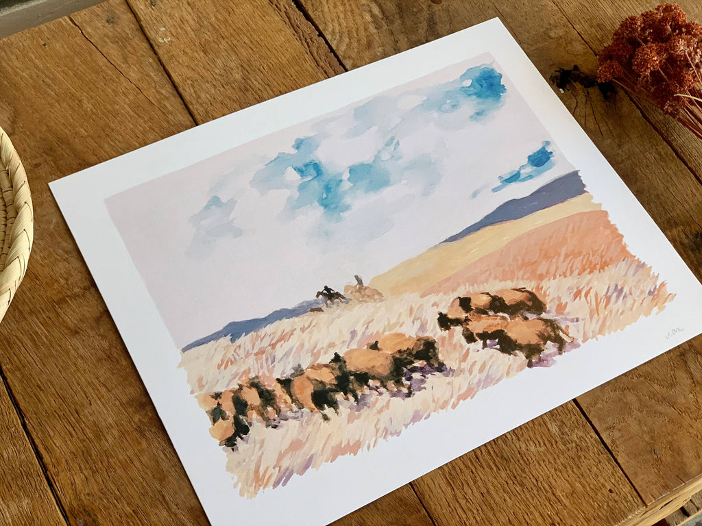 Bison Herd Landscape Art Print Wall Decor