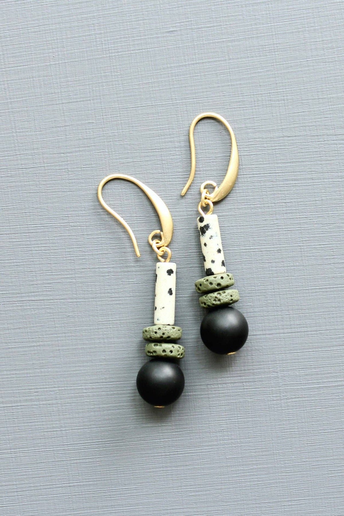 LEXE16 Dalmatian jasper and lava rock earrings