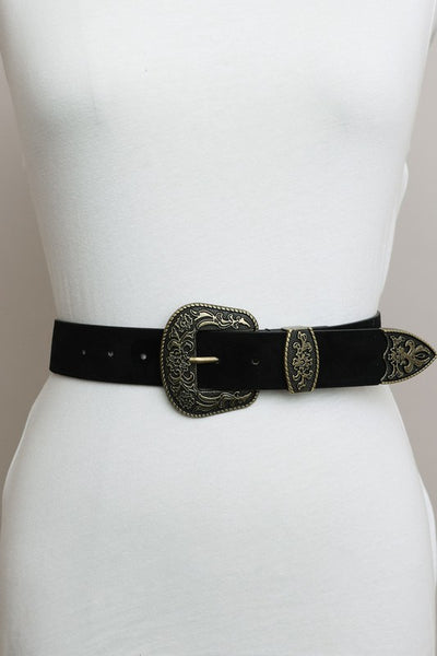 Suede Antique Gold Western Buckle Belt available in Camel and Black