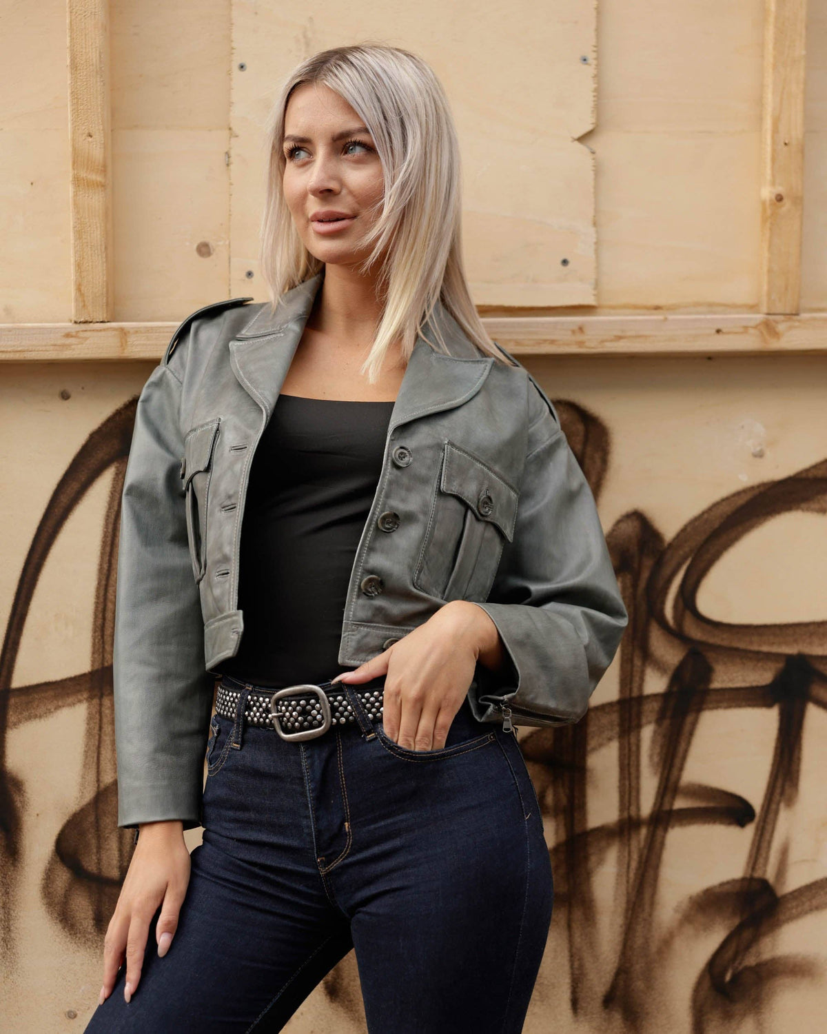 Britta | Vintage Silver Buckle Studded Leather Belt Women