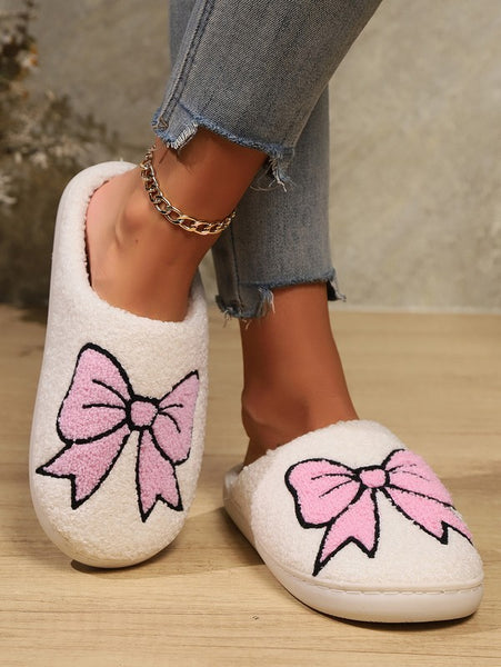 Cute Bowknot Pattern Fuzzy Winter Home Slippers