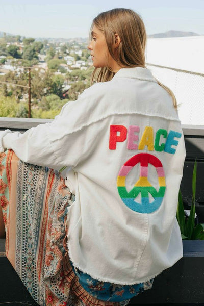 MULTI COLOR LETTERING PEACE SYMBOL BUTTON UP SHIRT