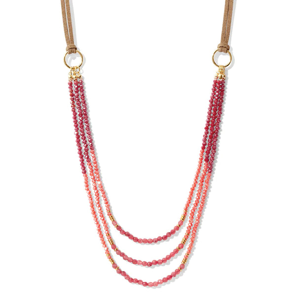 Triple Layer Beaded Necklace with Suede Accent