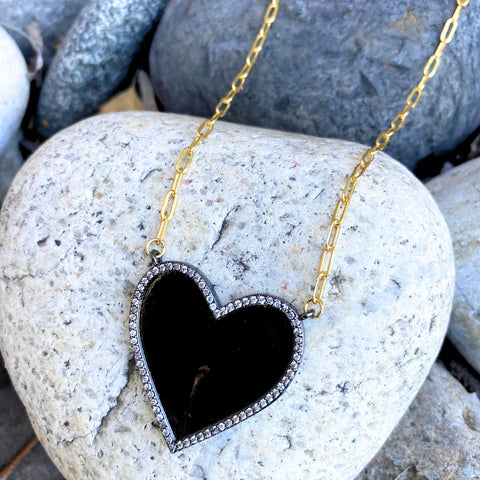 Textured Pave Gunmetal Heart Paperclip Chain Necklace