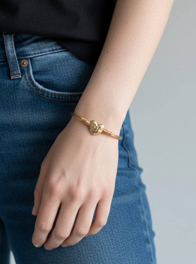 Hammered Heart Hook Closure Cuff Bracelet
