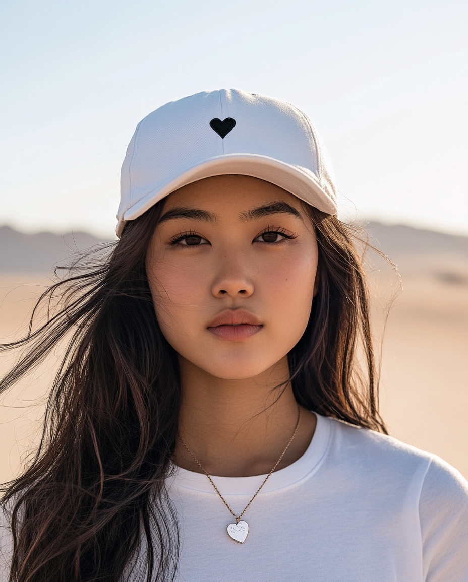 White Cotton Dad Hat - Embroidered Heart Cap