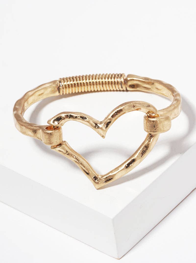 Hammered Metal Heart Accent Spring Hook Closure Bangle Bracelet