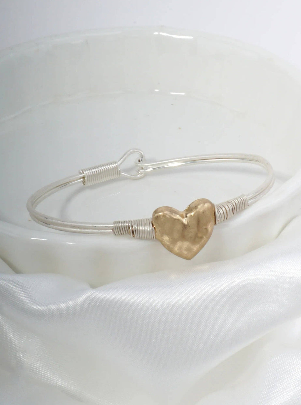Hammered Heart Hook Closure Cuff Bracelet