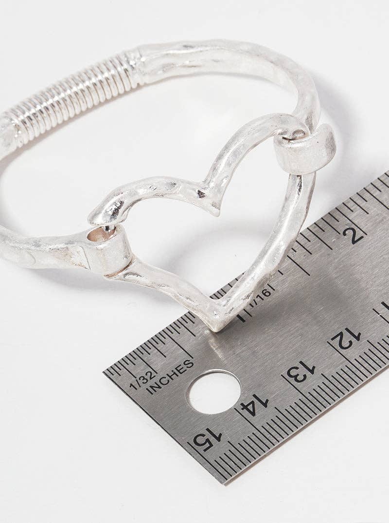 Hammered Metal Heart Accent Spring Hook Closure Bangle Bracelet