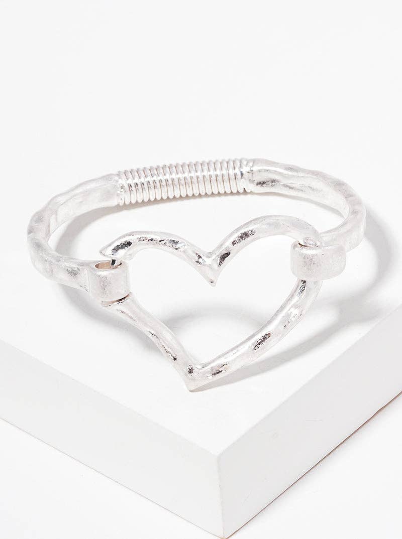 Hammered Metal Heart Accent Spring Hook Closure Bangle Bracelet