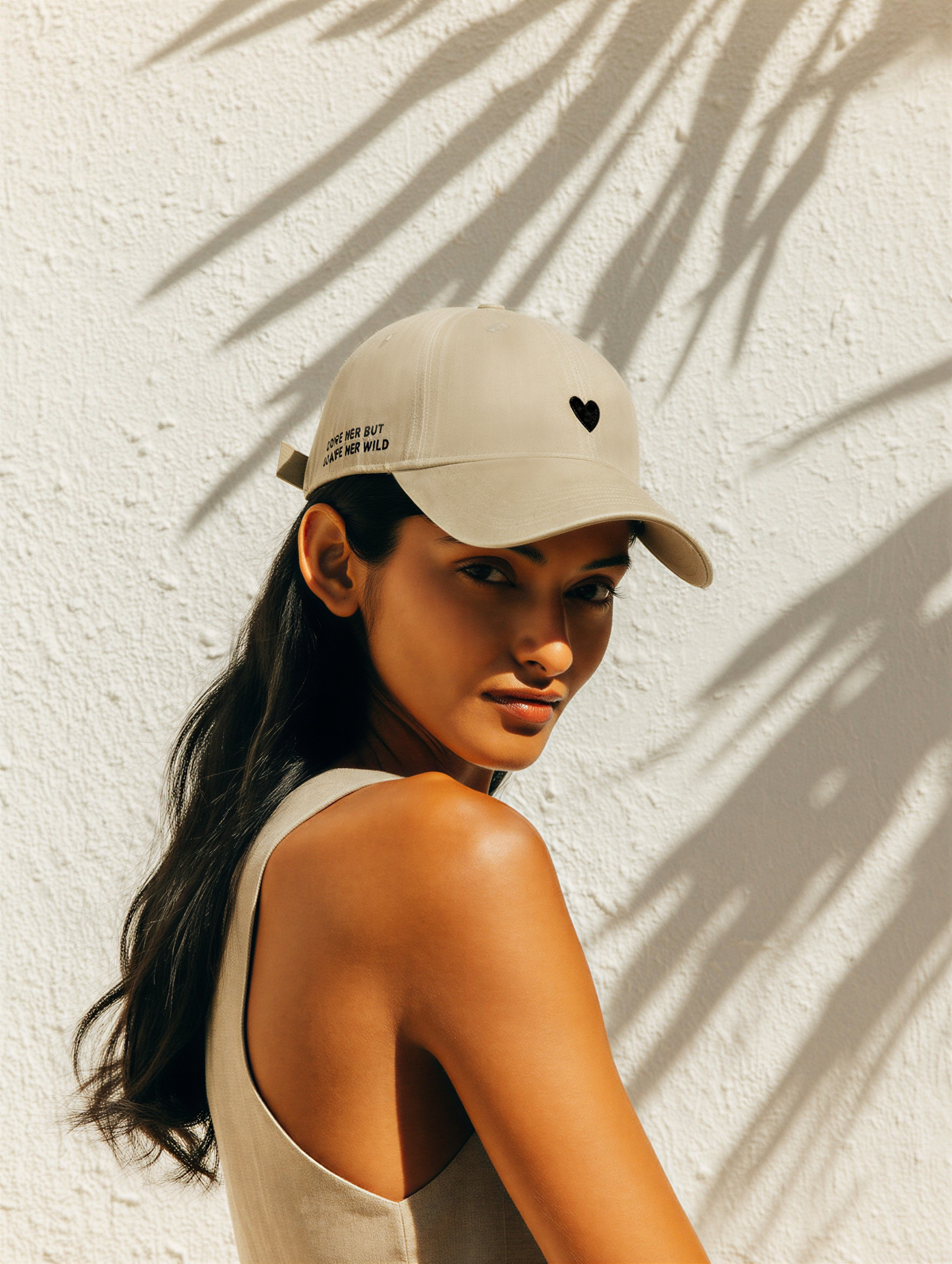 Embroidered Heart Women's Baseball Cap in Light Beige