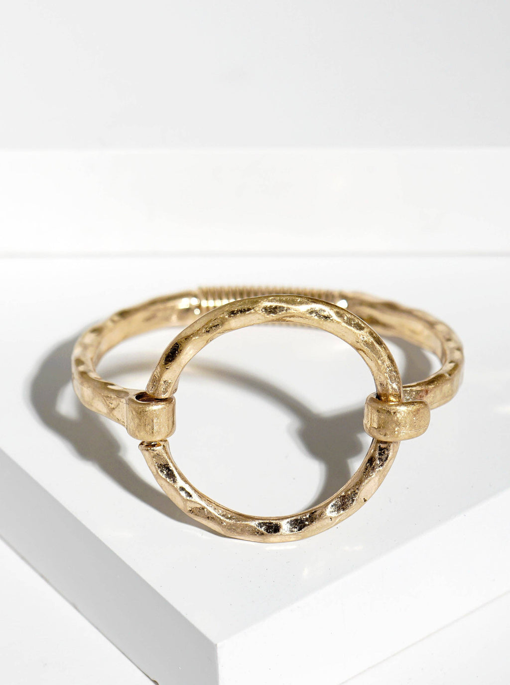 Hammered Metal Circle Accent Spring Hook Closure Bangle Bracelet