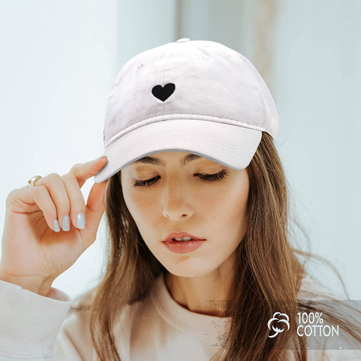 White Cotton Dad Hat - Embroidered Heart Cap